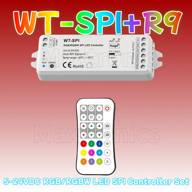 

WT-SPI R9 DC5V-24V Music WiFi+2.4G RF RGB/RGBW Pixel IC SPI LED Controller Tuya Remote for WS2812 Ws2811 LED Strip Module Set