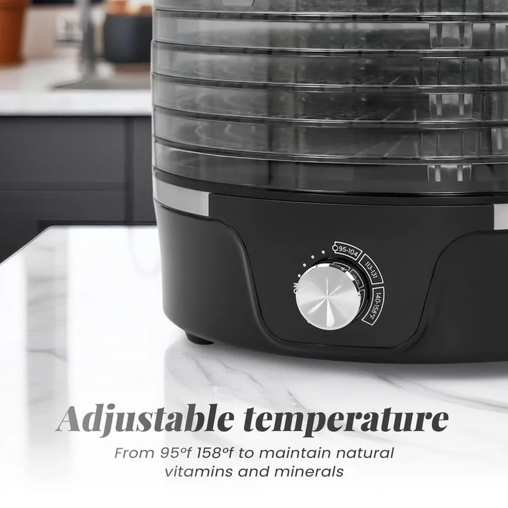 Voedseldroger Verstelbare temperatuur 5 dienbladen 350 W BPA-vrij Drogen Fruit Groenten Kruiden Vlees Snacks Vaatwasmachinebestendig