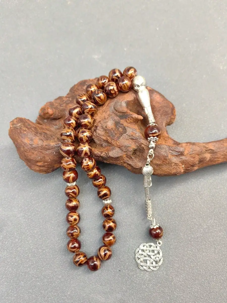 33 Beads Vintage Texture Tasbih, Muslim Prayer Beads with Exquisite Silver Decor Pendant, Islamic Misbaha Rosary, Ideal Ramadan