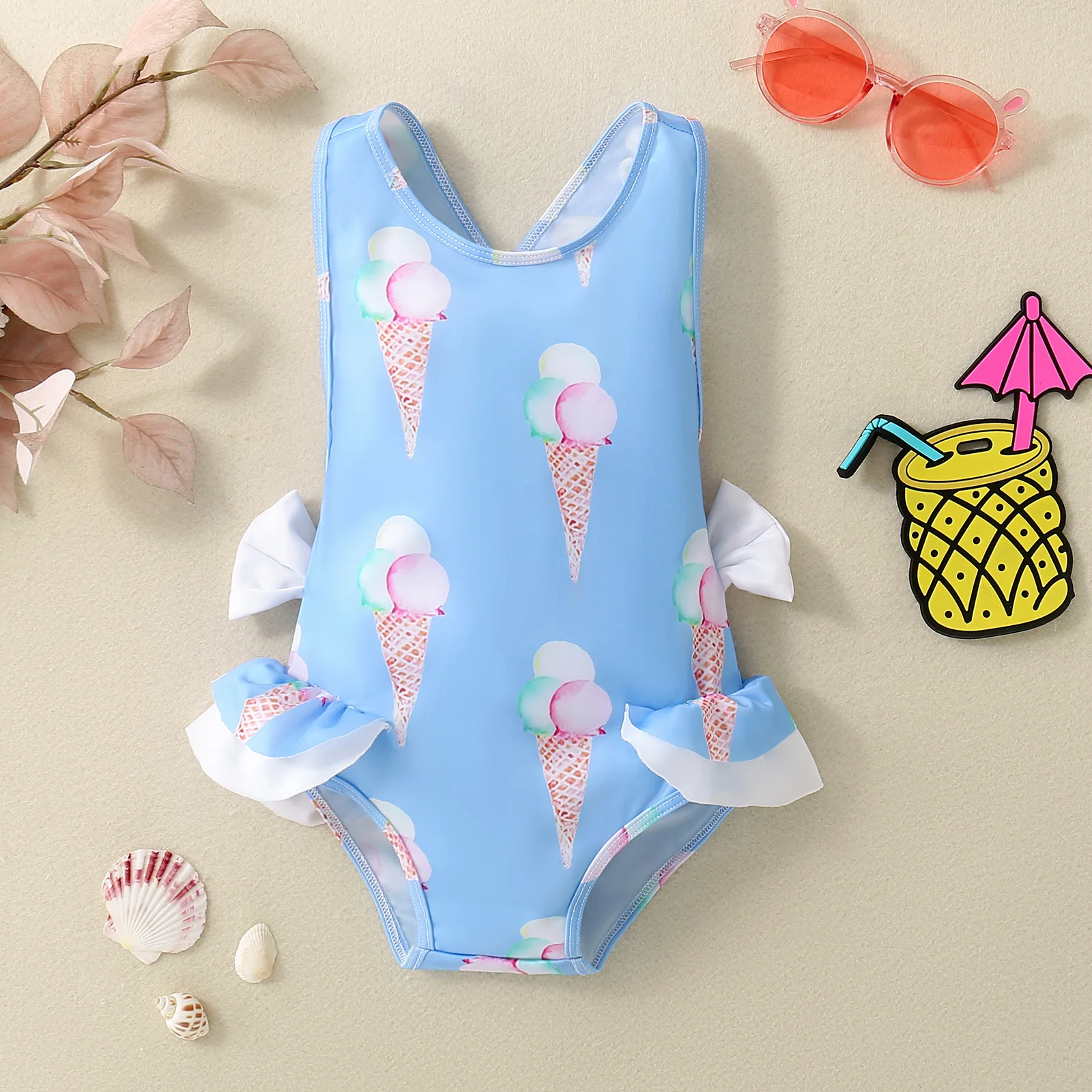 Baby Girls Beach Sun-proof Ice-cream Blue Suspenders Swimwear  2024 New Summer Cute Fashion Crisscross Back  Swimwear ﻿for 1-3T