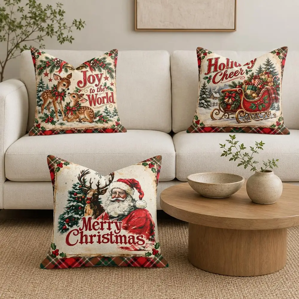 Vintage Red and Green Plaid Santa Claus Cushion Cover Linen Double-Sided Printed Pillow Case for Sofa Couch Bedroom Living Room
