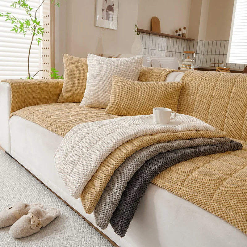 1PC Plaid Sofa Seat Pad Thicken Warm Non-slip Sofa Slipcover Pets Kids Corner Couch Cushion Protector Sofa Towel Mat Living Room