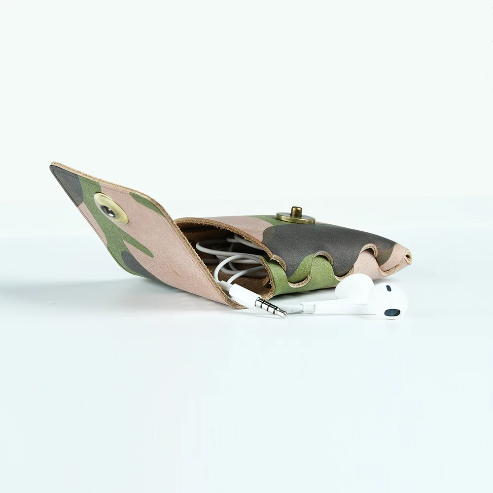 محفظة صغيرة للعملات المعدنية، مشبك مموه، حقيبة تخزين لسماعات الأذن، حقيبة تغيير غير رسمية من الجلد المدبوغ بالخضروات للاستخدام اليومي