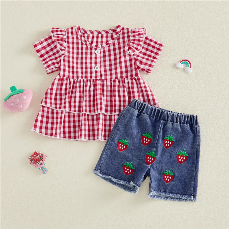 Infant Baby Girl Summer Outfits Plaid Short Sleeve Tops Strawberry/Bowknot/Floral Embroidery Denim Shorts 2Pcs Clothes Set