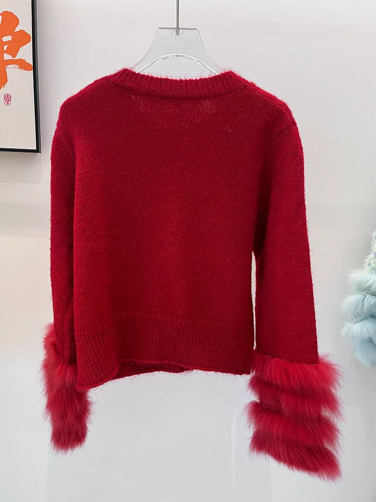 2025 신상 여성 가을 리얼 퍼 봄 풀오버 코트 리얼 폭스 퍼 숏 니트 스웨터 코트 여성 럭셔리 자켓