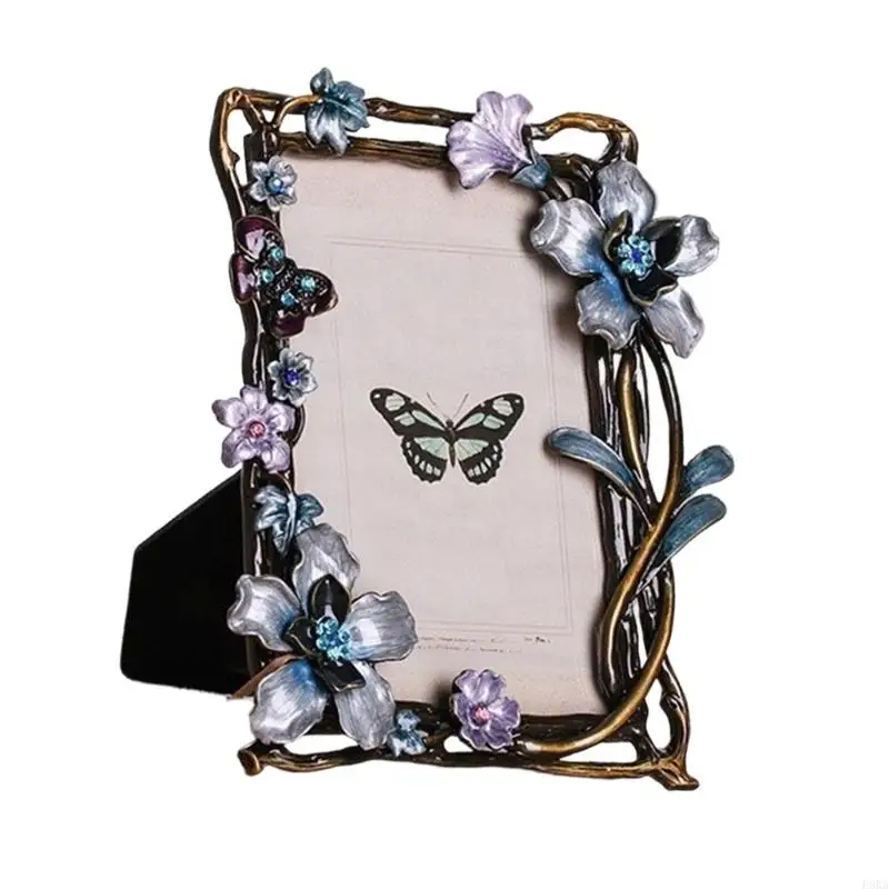   Elegant Enameled Floral Bird Metal Picture Frame With Shimmering Rhinestones And Garden Theme for Tabletop Display