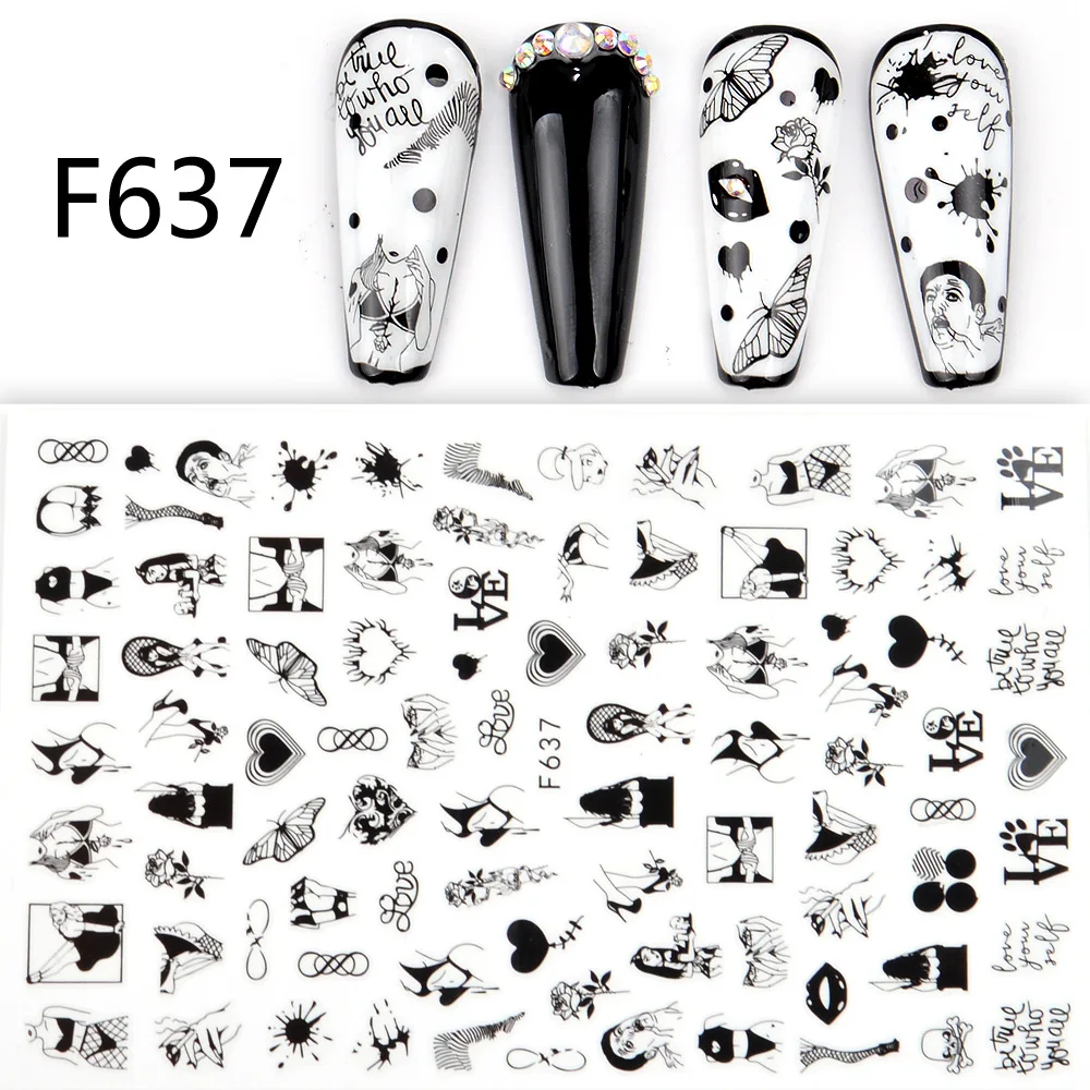 Black and White Love Flowers Line Art 3D Stickers Nail Decals Nail Art Accessories Butterfly Rose Nail Stickers Nail Sliders