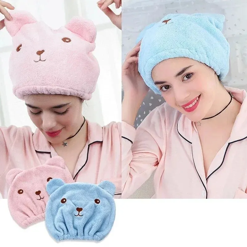 Dry Hair Cap For Women Quick-drying Absorbent Thick Microfiber Head Towel Korean Cute Bear Embroidered Shower Cap Towel
