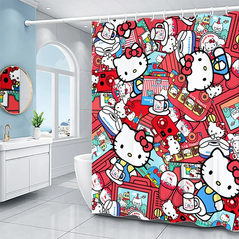 Kawaii Cute Colour and Pink HelloKitty Sanrios Cartoon Shower Curtains Waterproof Polyester Bathroom Curtain with Hooks Gift