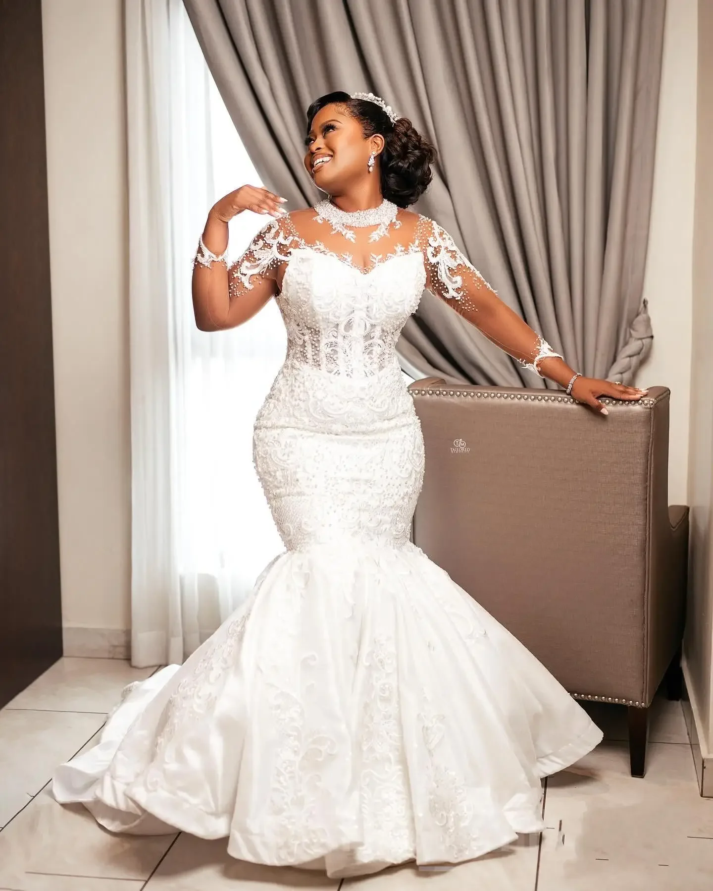 Customized  Shinny Pearls High Collar Wedding Dress  Vestidos De Novia Long Sleeve Appliques Aso Ebi Mermaid  Bridal Gowns