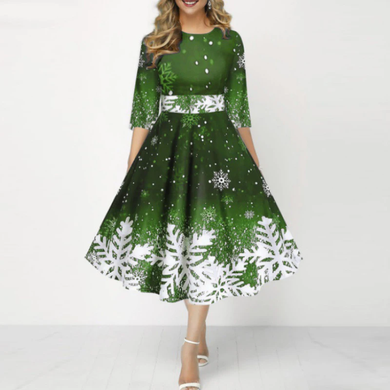 فستان عيد الميلاد للنساء برقبة دائرية 3/4 كم فساتين حفلات على شكل حرف a للنساء فستان ميدي مطبوع على الموضة فستان سهرة أحمر #5