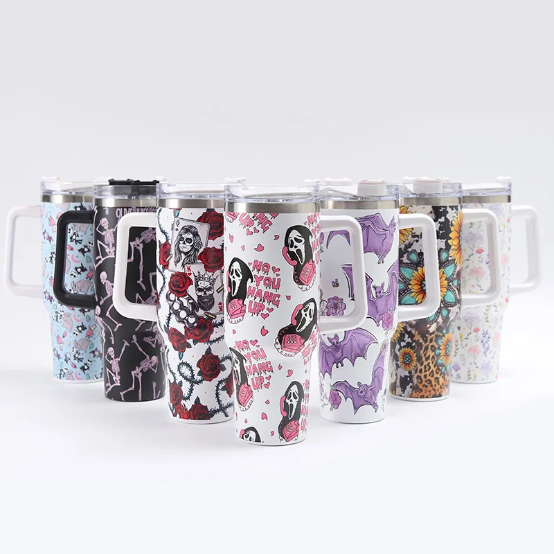 

Custom creative 304 stainless steel thermos cup with handle portable printed car cup 40oz hollowed out 3D printing cup
