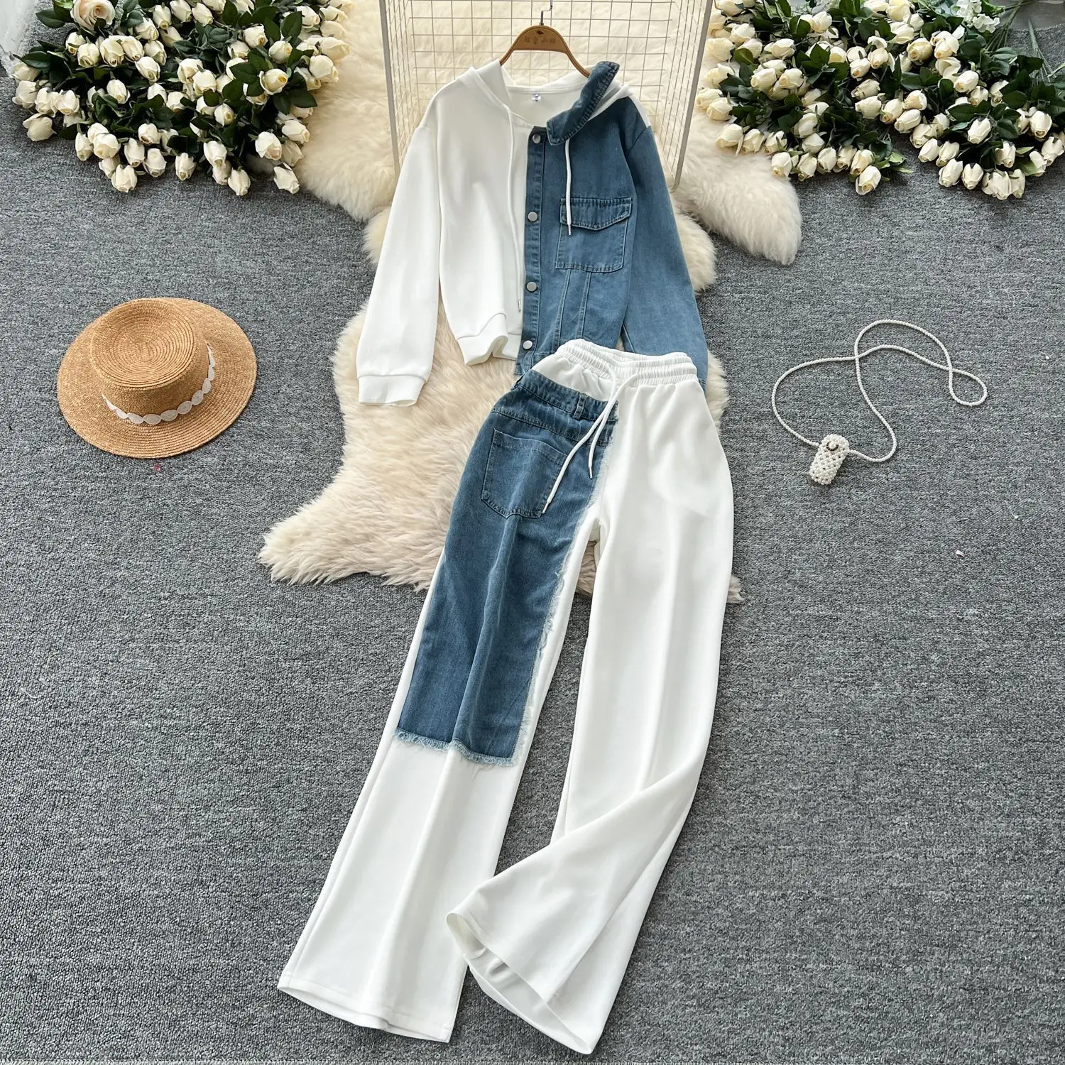 

Retro Casual Hooded Patch Pants Faux Two Piece Hoodie Pants High Waist Wide Leg Denim Pants Chic Contrast Panel Jeans