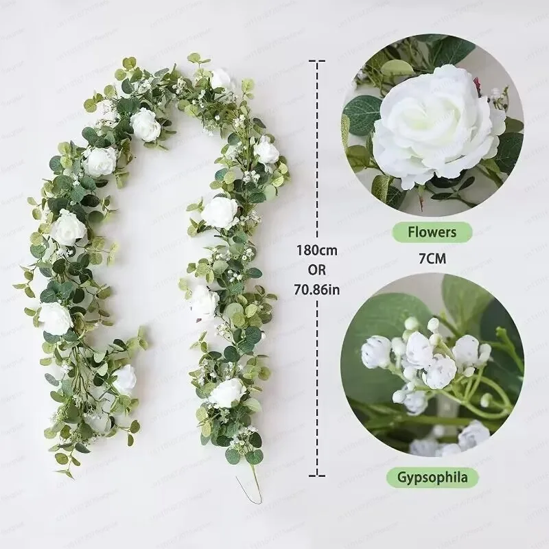 Wedding Arch Garland, Faux Floral Vine with Camellia and Eucalyptus for Ceremony Backdrop, Spring Party Decor