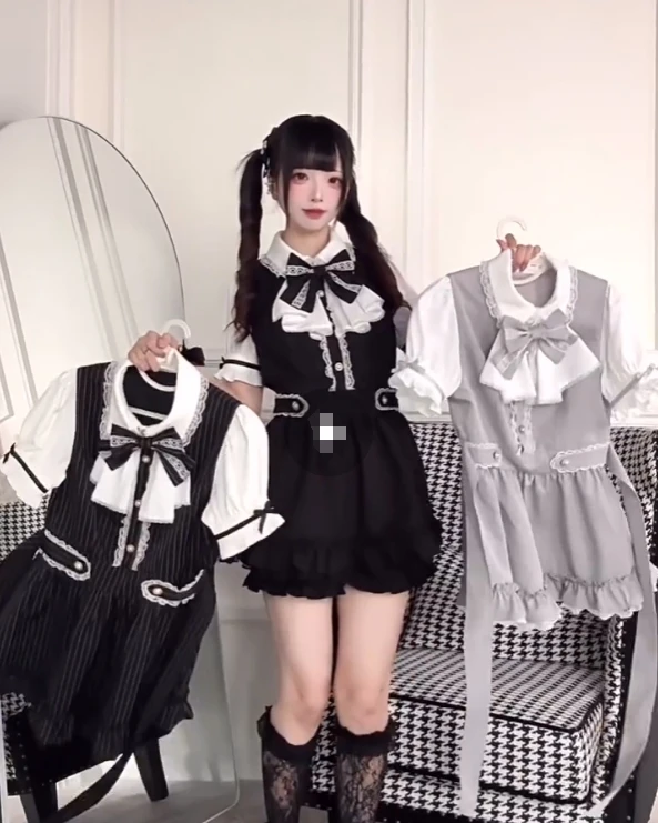 

Original Japanese Mine Female Girls Short Sleeve Lolita Striped Dress and Shorts Two-piece Set New Summer Women's Sweet Outfits