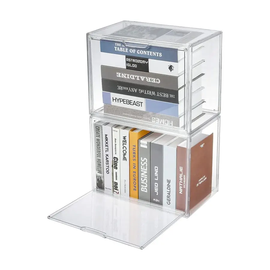 

2Pcs Clear Book Storage Organizer Box, Plastic Stackable Book Display Case with Magnetic Door, Assemble Storage Showcase for Toy