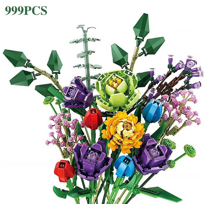 MOC 999PCS Colorful Phalaenopsis Vase Flowers Bouquets Plants Potted Blossom Ornaments Decoration Building Bricks Blocks Diy Toy