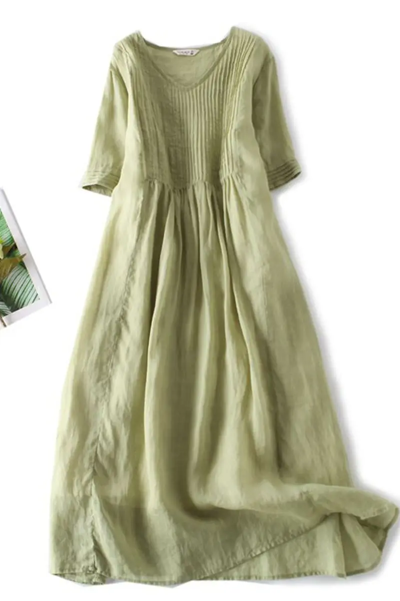 

Cotton/ Linen Ramie Dress Solid Color Retro Loose Summer Organ Pleated Long Dress 2023