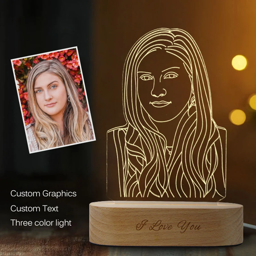 Custom Personalized Photo Night Light Gift 3D wooden lamp with photo drawing Home Decoration for Wedding Christmas Holiday Gift