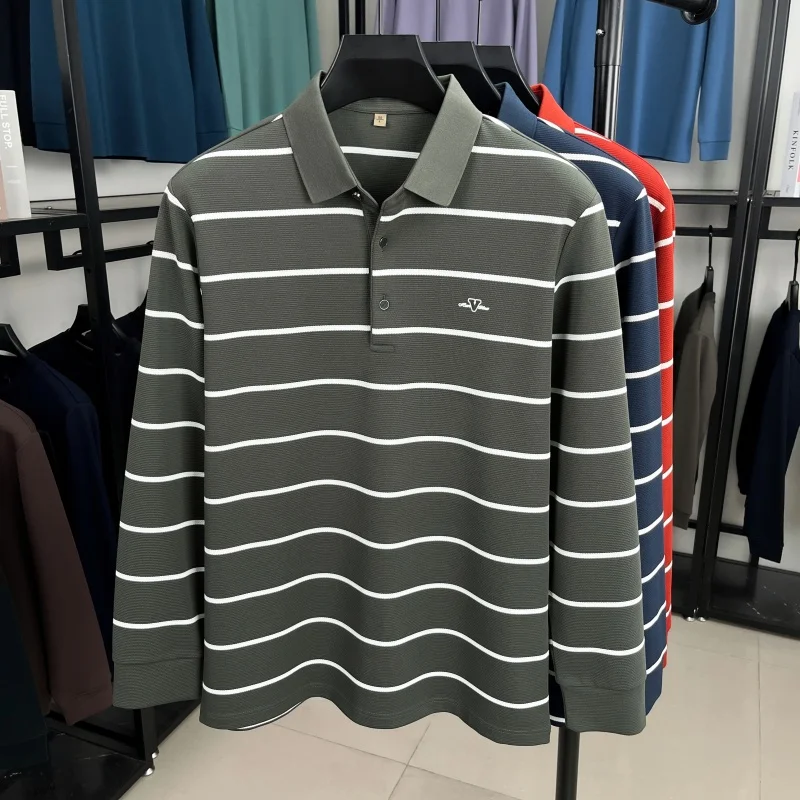 men's autumn long sleeves high quality polo shirt lapel stripe luxury t-shirt fashion comfortable jacquard men's clothing tops