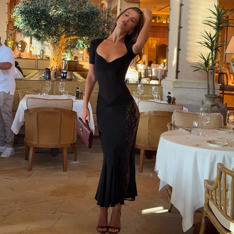 2ピースセット スカート outfits レディース 半袖 ボディトップスとハイウエストレーススカートセット 2026春 セクシー パーティー outfits