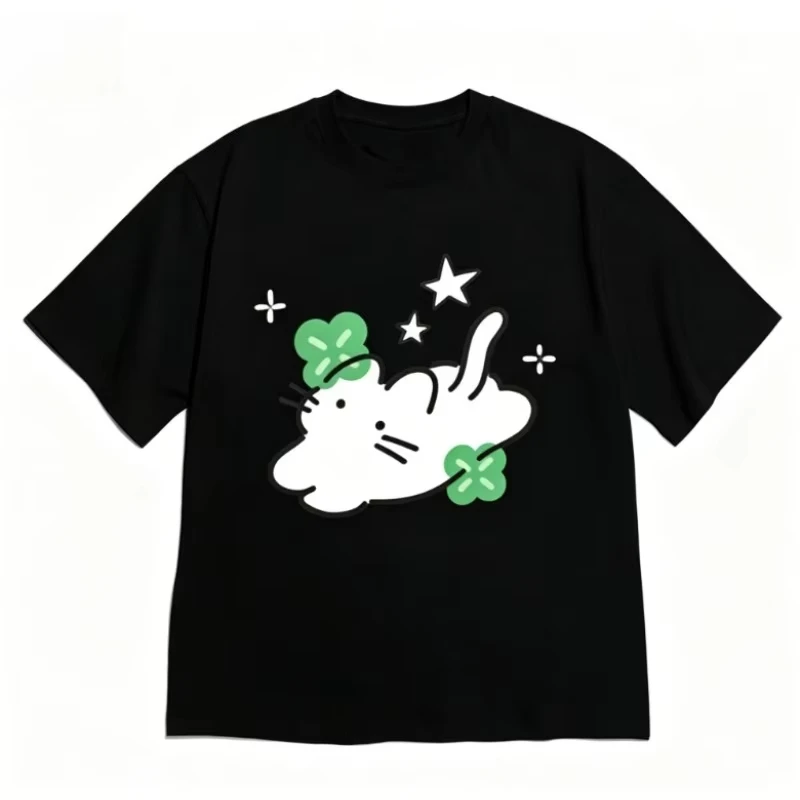 Korean Aesthetic Cat & Clover Graphic T-Shirt, Unisex Minimalist Crew Neck Tee, Versatile Y2K Black Short Sleeve Casual Tops