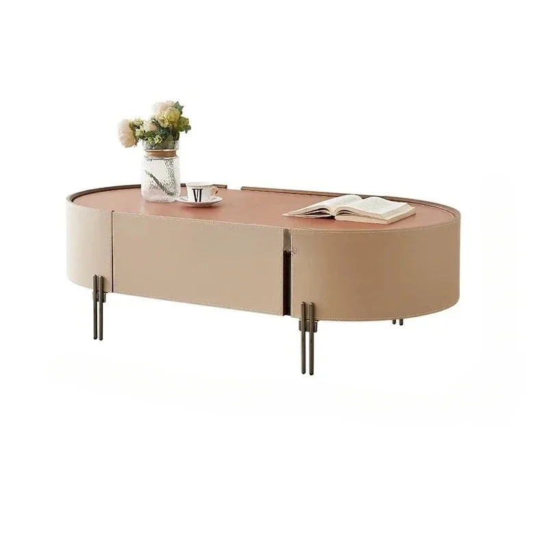 طاولة شاي جلدية ذات سرج إيطالي بسيط، طاولة شاي مستديرة فاخرة من الجلد الإبداعي الراقية مصنوعة من الخشب الصلب