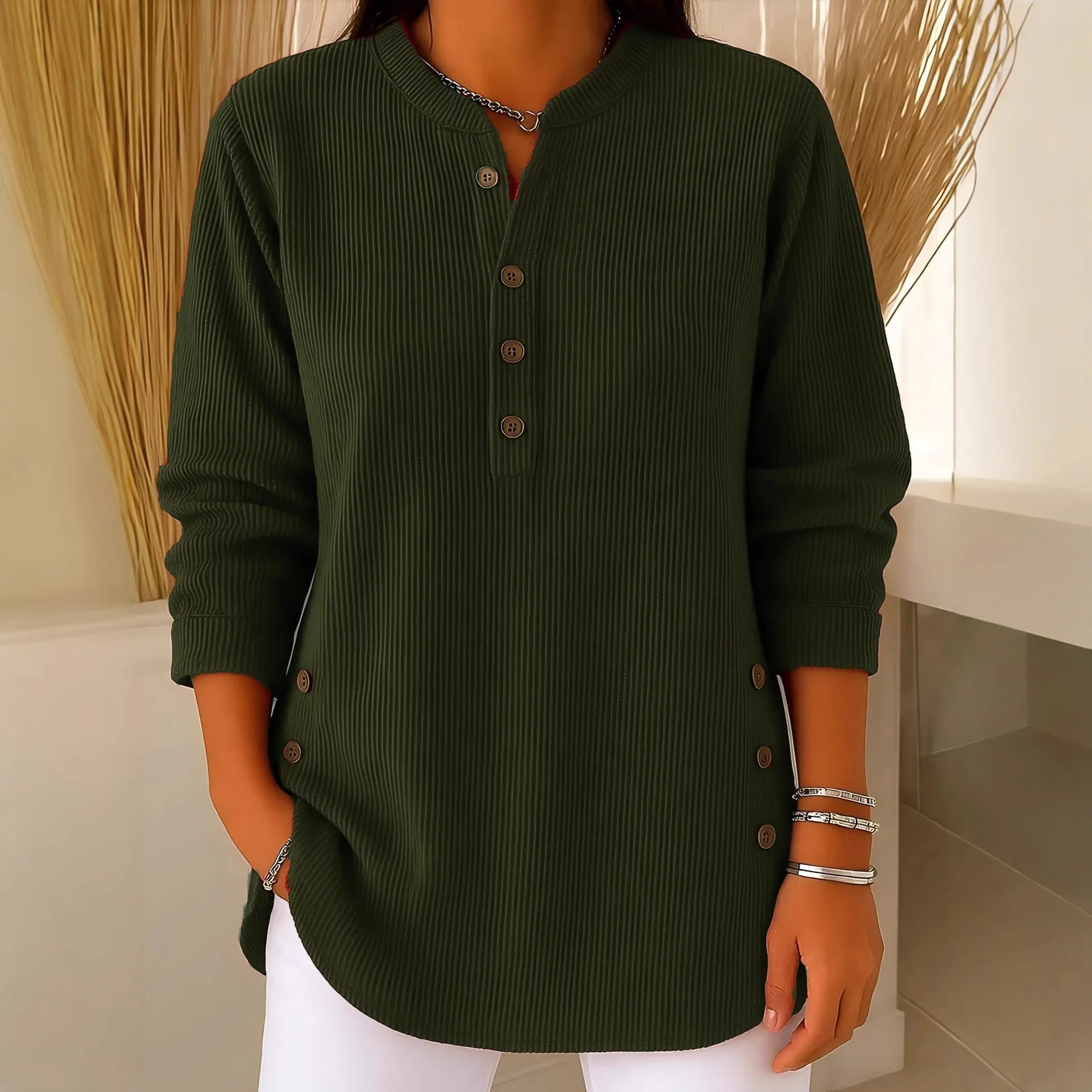 Loose Fit Long Sleeve Top with Elegant Commuter Off Shoulder Style Round Neck Button Front Mid Length T Shirts for Women