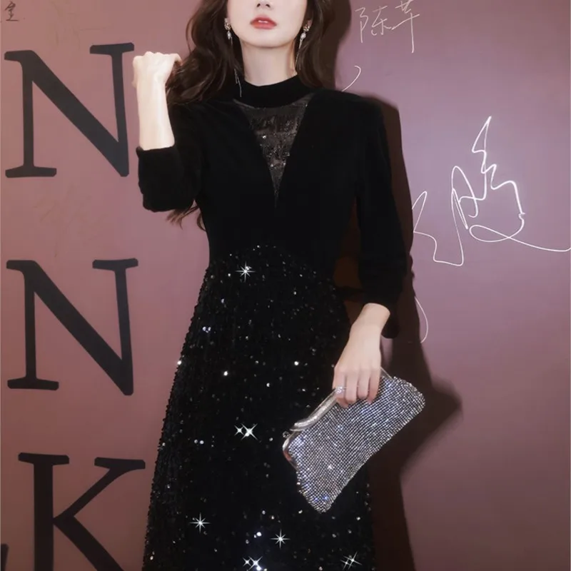 

Black woman new banquet temperament light luxury small sense will host sequin dress