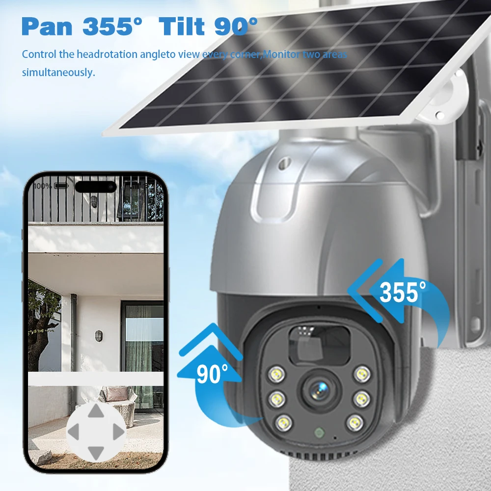 5MP WiFi Solar Camera PIR Body Detection PTZ IP Camera with Solar Panel for Battery Charging Video Surveillance 360° Camera