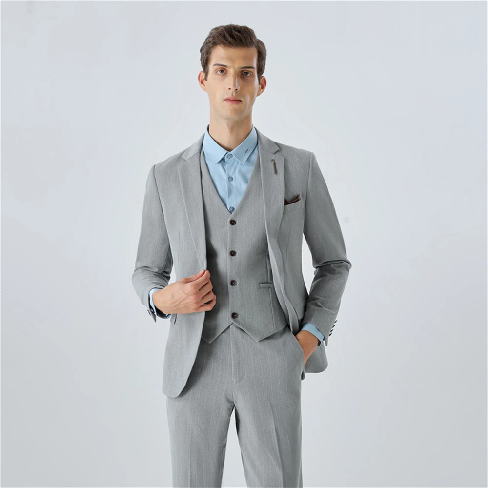 Three Pieces Men's Formal Suit Set, Slim Fitting Business Suits, One Button Blazer, Vest, Pants Set Formal Tuxedo