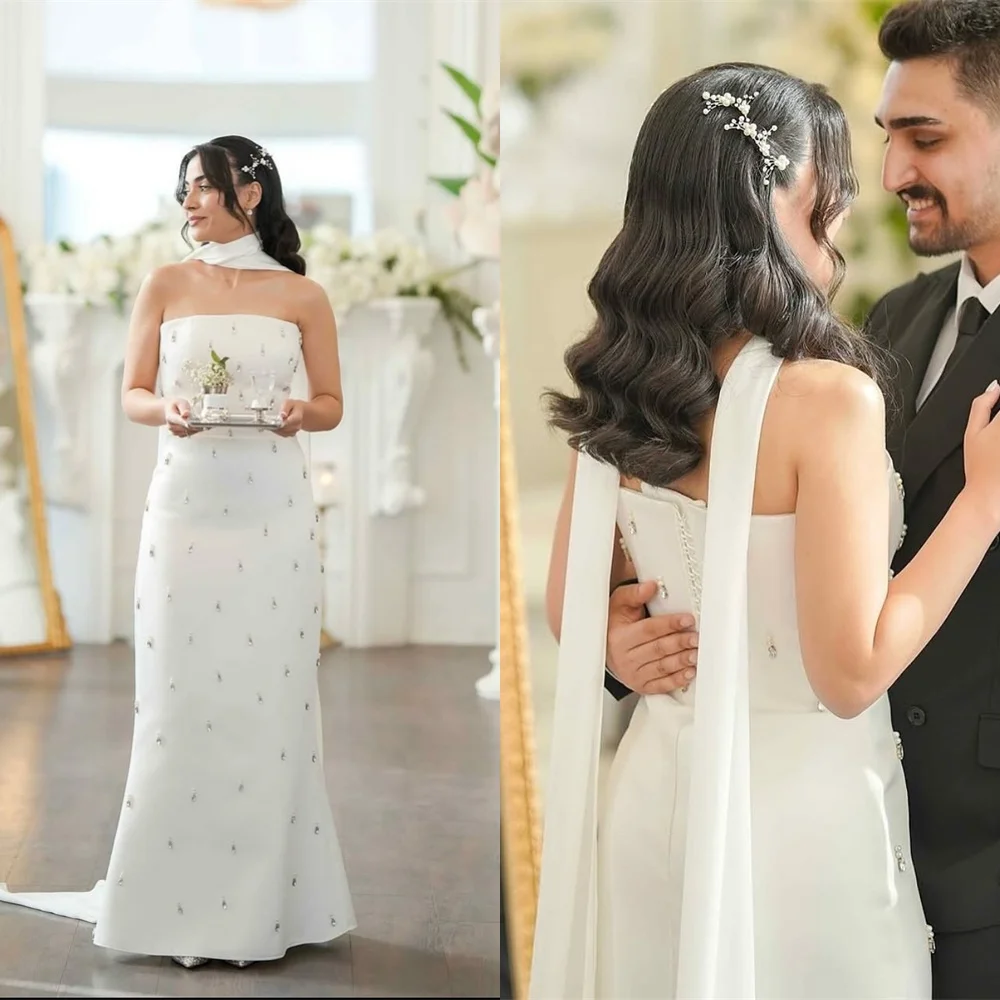 

Customized High Quality White Satin Wedding Dress Exquisite Strapless Sleeveless Chapel Train Lace Up Back Bridal Gowns