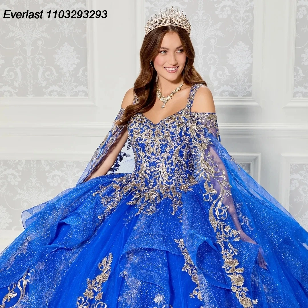 EVLAST Shiny Black Quinceanera Dress Ball Gown Gold Lace Applique Beading With Cape Corset Sweet 16 Vestido 15 De Años TQD231