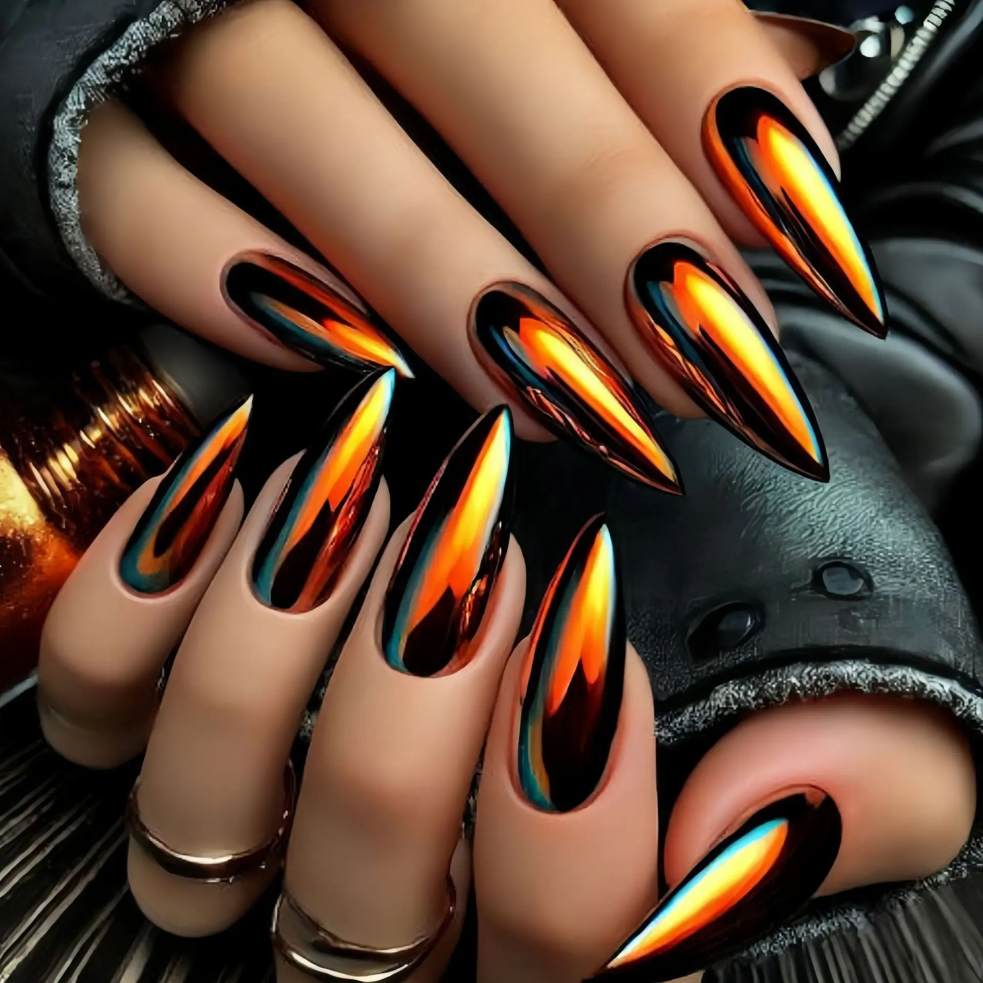 Medium long fake nails Holographic Plated gradient brown golden aurora colors waterdrop ballet shaped full cover press on nails