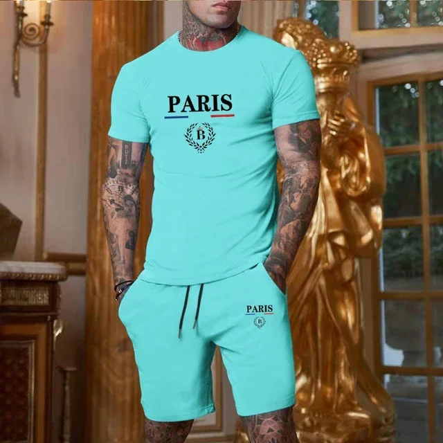 

A new summer multi-color outdoor men's quick-drying T-shirt + sports shorts 2-piece fashionable casual sports short-sleeved set