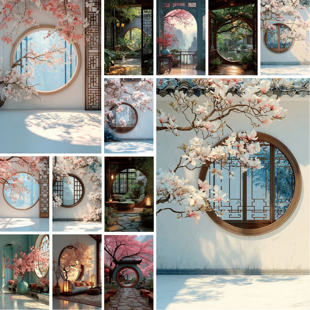 

MOON.QG Traditional Chinese Backdrops for Photography Moon Shaped Gates Lanterns Flowers Plants Photo Background Party Wedding