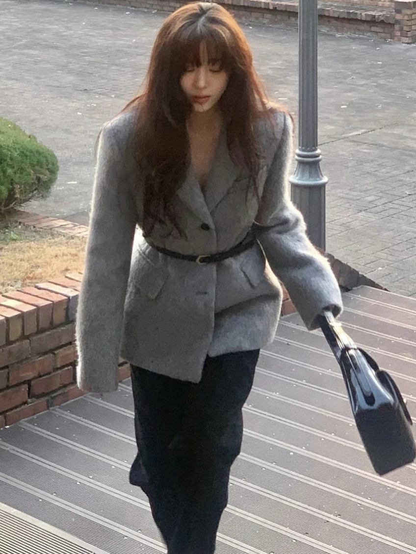 

Теплый шерстяной костюм-джат с поясом для женщин, Dongda Gate, элитный костюм с откидным воротником, корейская версия, свободное зимнее пальто