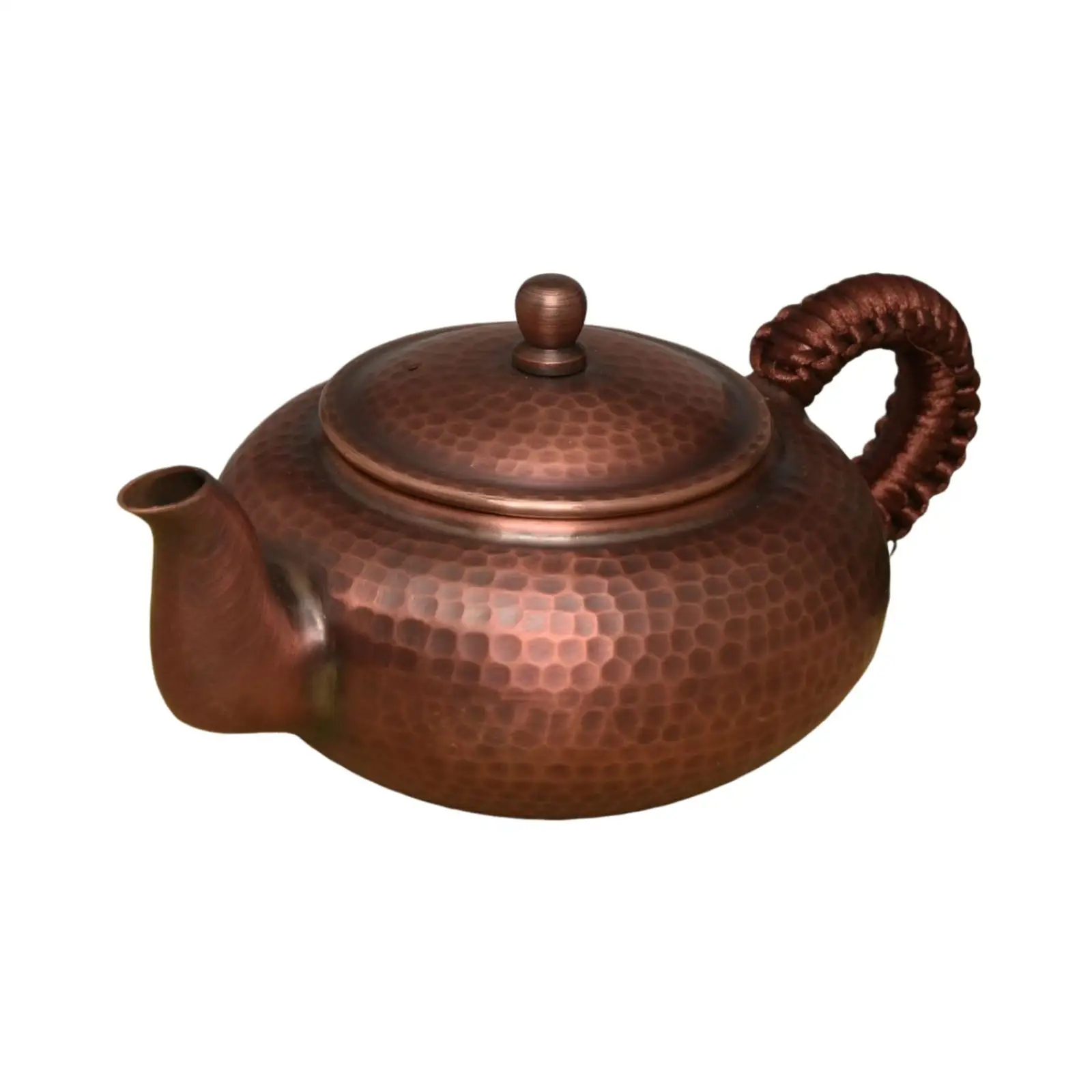 Traditional Copper Teapot Handcrafted Hammered Dimpled Surface 350ml Artisan Brewing Vessel with Woven Rope Wrapped Handle for