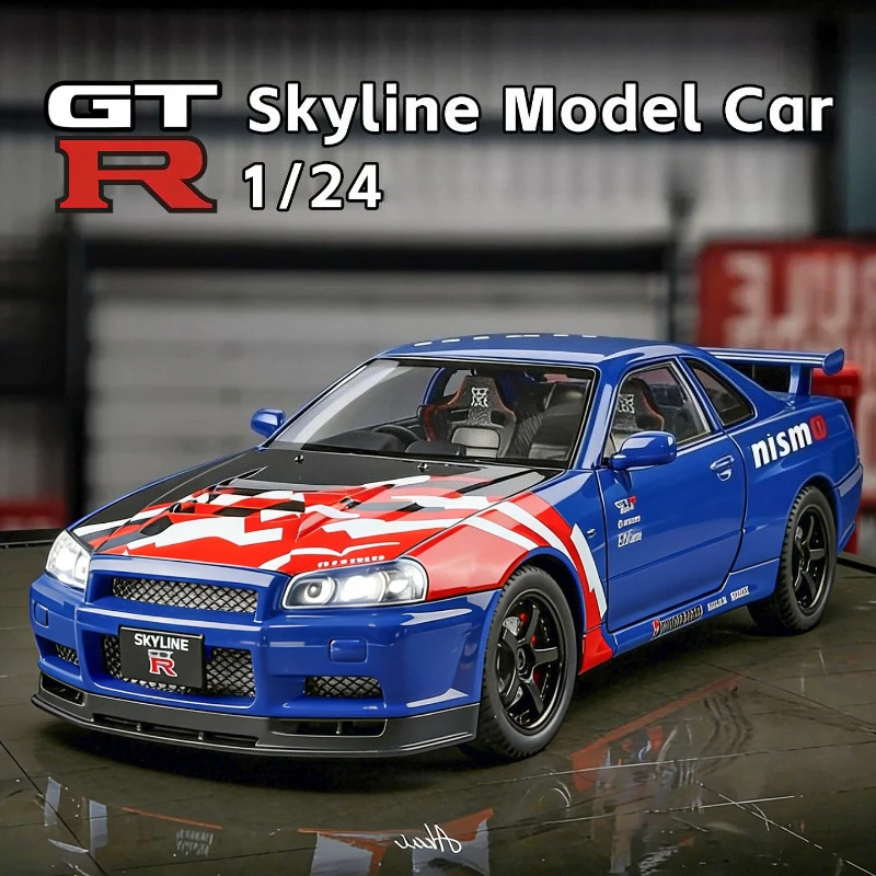

1:24 GTR R34 Skyline Sports Car Alloy Model Metal Toy Simulation Sound Light Collection Boy For Childrens Birthday Gifts