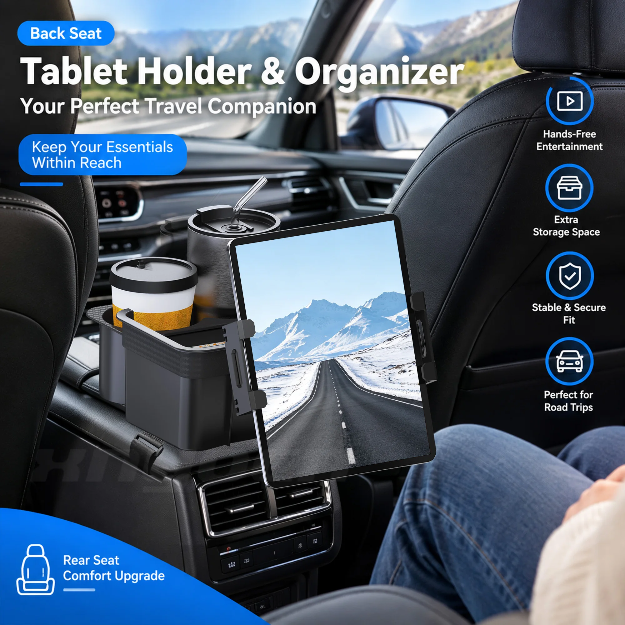 Car Armrest Storage Box Tablet Holder Center Console Tray Adjustable Phone Mount Organizer for Sedan SUV Truck Backseat Travel