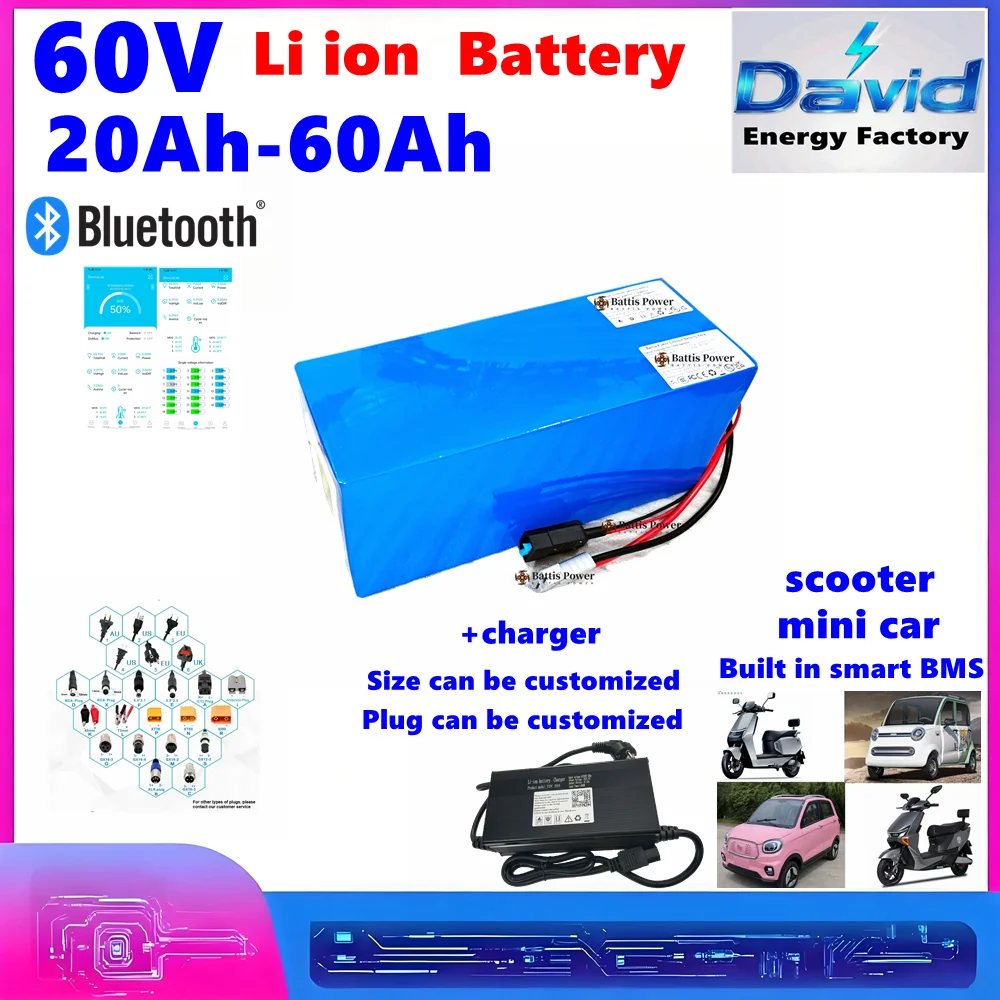 60V 30Ah 40Ah 50Ah 60Ah Lithium battery pack With BMS 3000W High Power For scooter Two Three wheelers Golf Cart