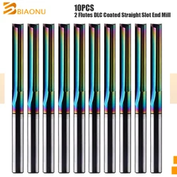 Biaonu 10pcs 2 Flutes Straight Slot Milling Cutter 3.175/4/6mm SHK DLC Coating Solid Carbide CNC Router End Mill Tools for Wood