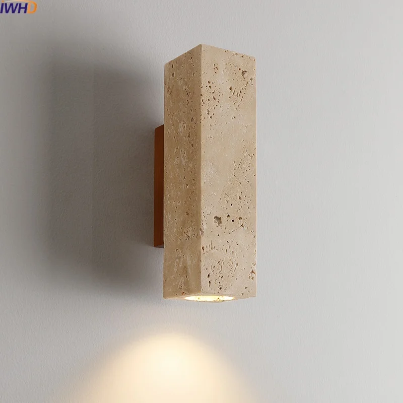 

IWHD Square Stone LED Wall Lamp Living Room Modern Nordic Yellow Travertine Wabi Sabi Kitchen Bathroom Mirror Light Arandela