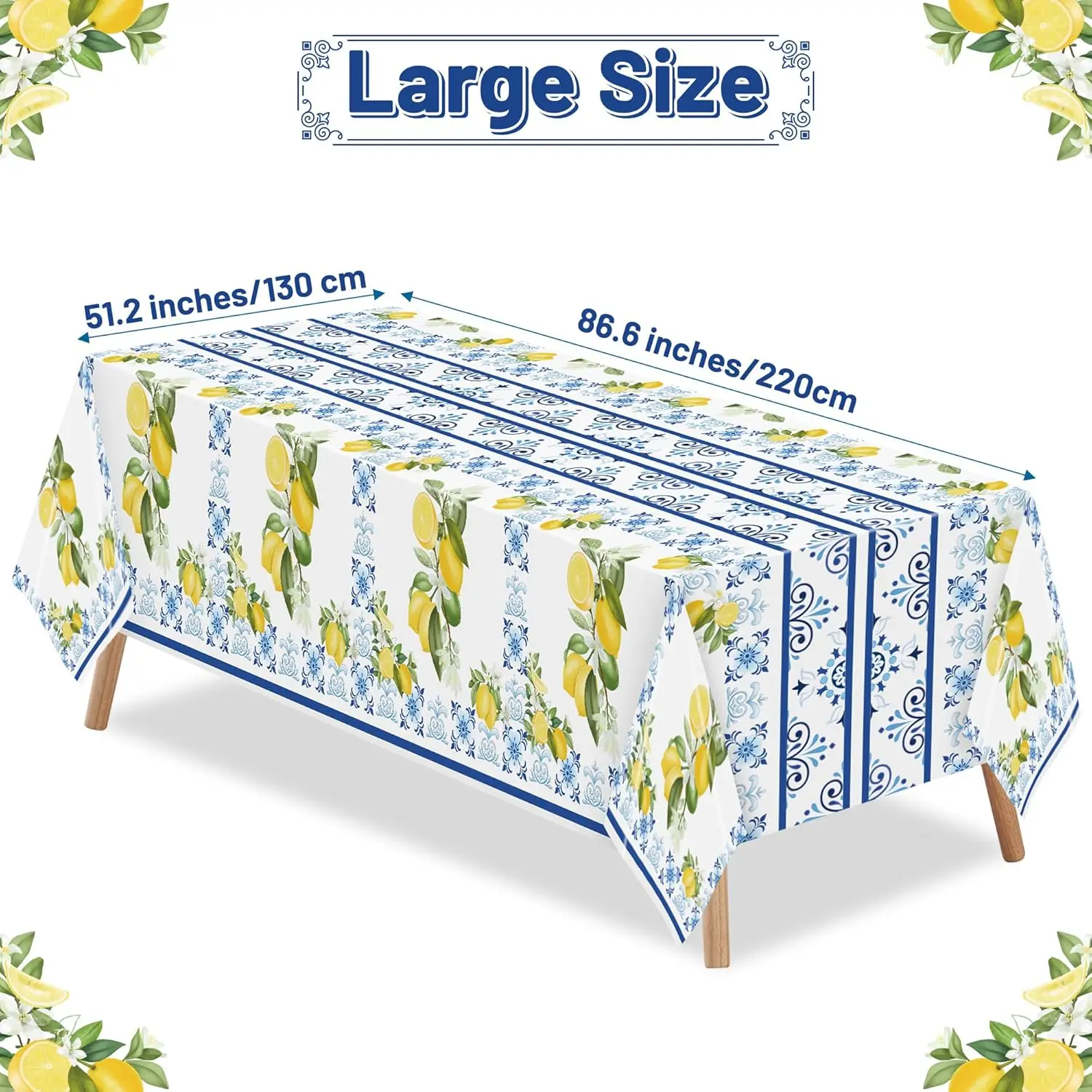 3pcs Blue Print Lemon Theme Tablecloth Party Decor Set Mediterranean Lemon Pattern Disposable Plastic Table Cover Cute Lemon Waterproof Tablecloth