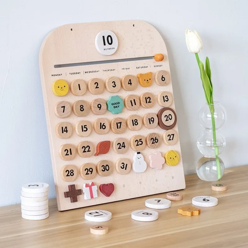Wooden Children Calendar Creative Manual Perpetual Calendar Adjustable Month Date Magnetic Calendars Desktop Funny Decoration