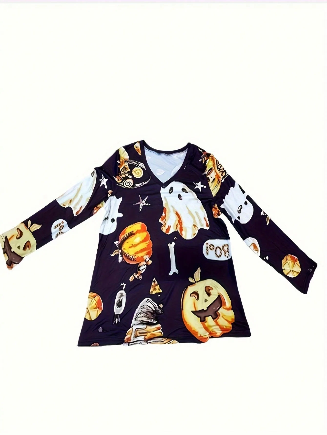 حجم كبير 1XL-5XL المرأة موضة هالوين مطبوعة الخامس الرقبة طويلة الأكمام تي شيرت السيدات عادية الخريف الشتاء ملابس المنزل بلايز