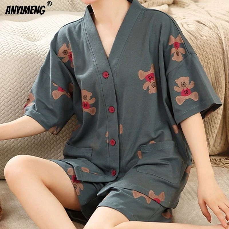 Summer Women Cotton Pajamas Set Kimono V-neck Casual Sleepwear Leisure Loungewear Cute Cartoon Girls Pijama Plus Size Homewear