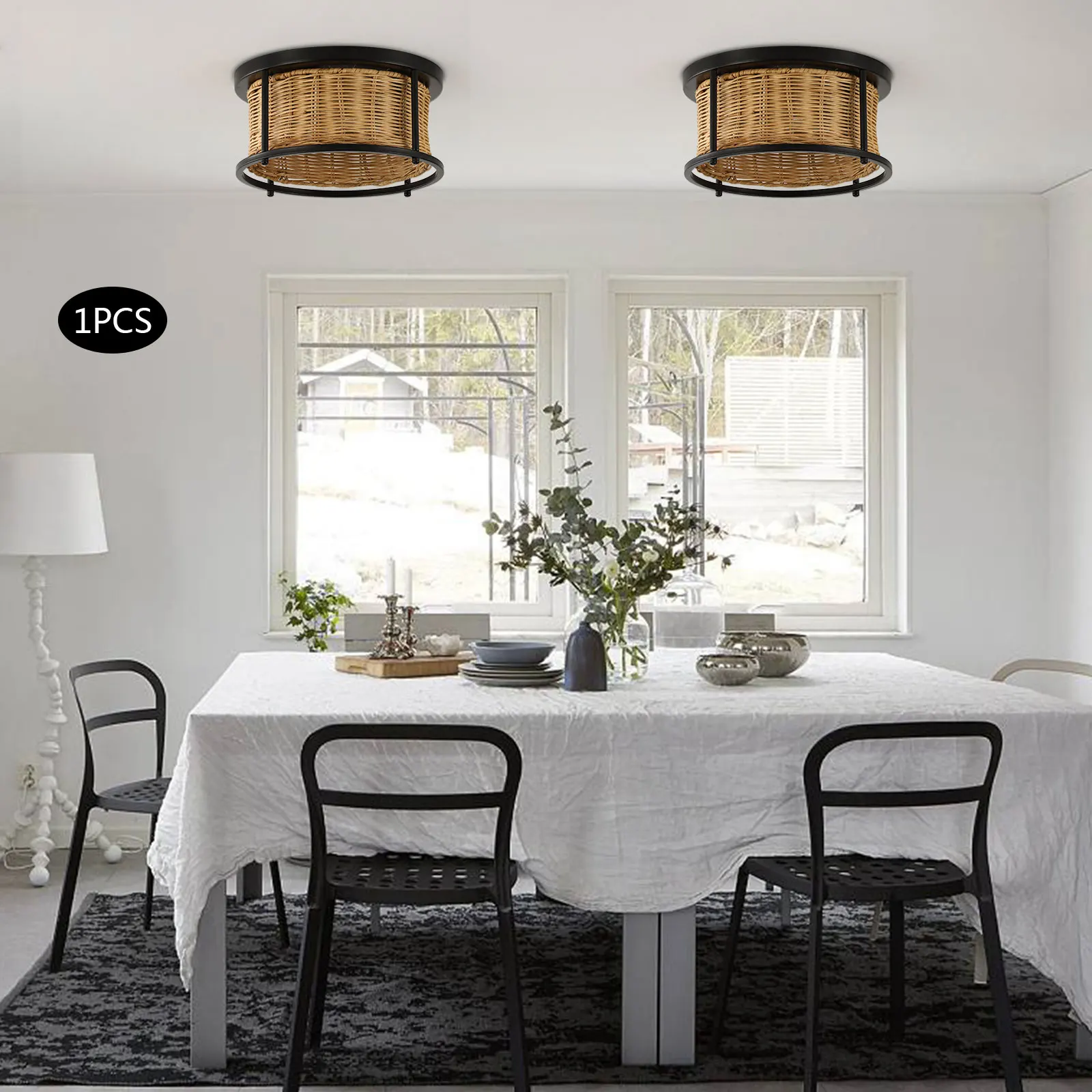 Bamboo Wicker Rattan Shade Chandelier Light Rustic Flush-Mount Ceiling Light NEW