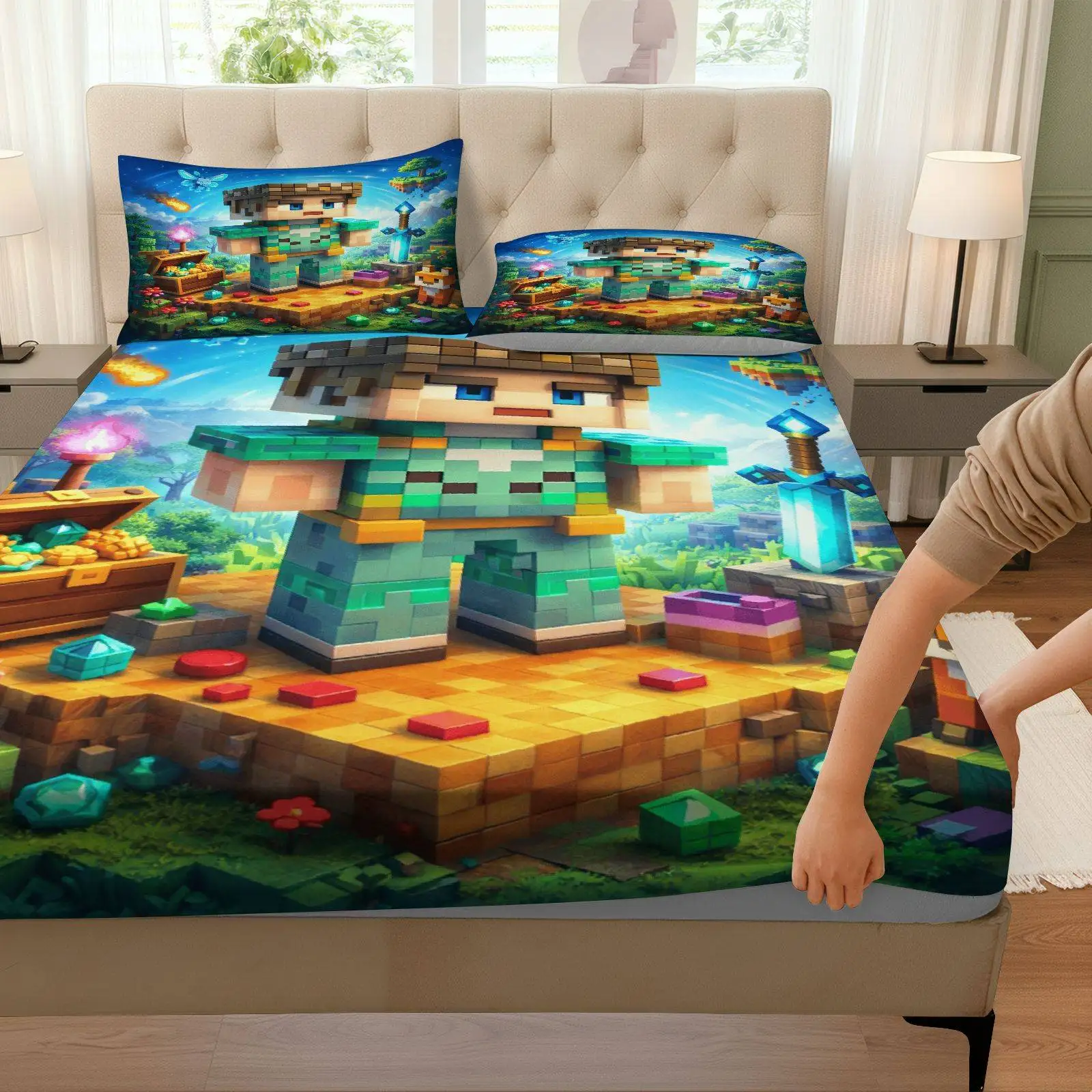 Three-piece fitted sheet set, digital print fitted sheet set, bedding (includes 1 fitted sheet + 2 pillowcases) with adventure game pixel art holiday and game theme design, large capacity deep pocket 2D printed fitted sheet and 2 pillowcases, mattress protector, fitted elastic style, suitable for all seasons, machine washable design, holiday decoration, various sizes, breathable protector with pillowcase
