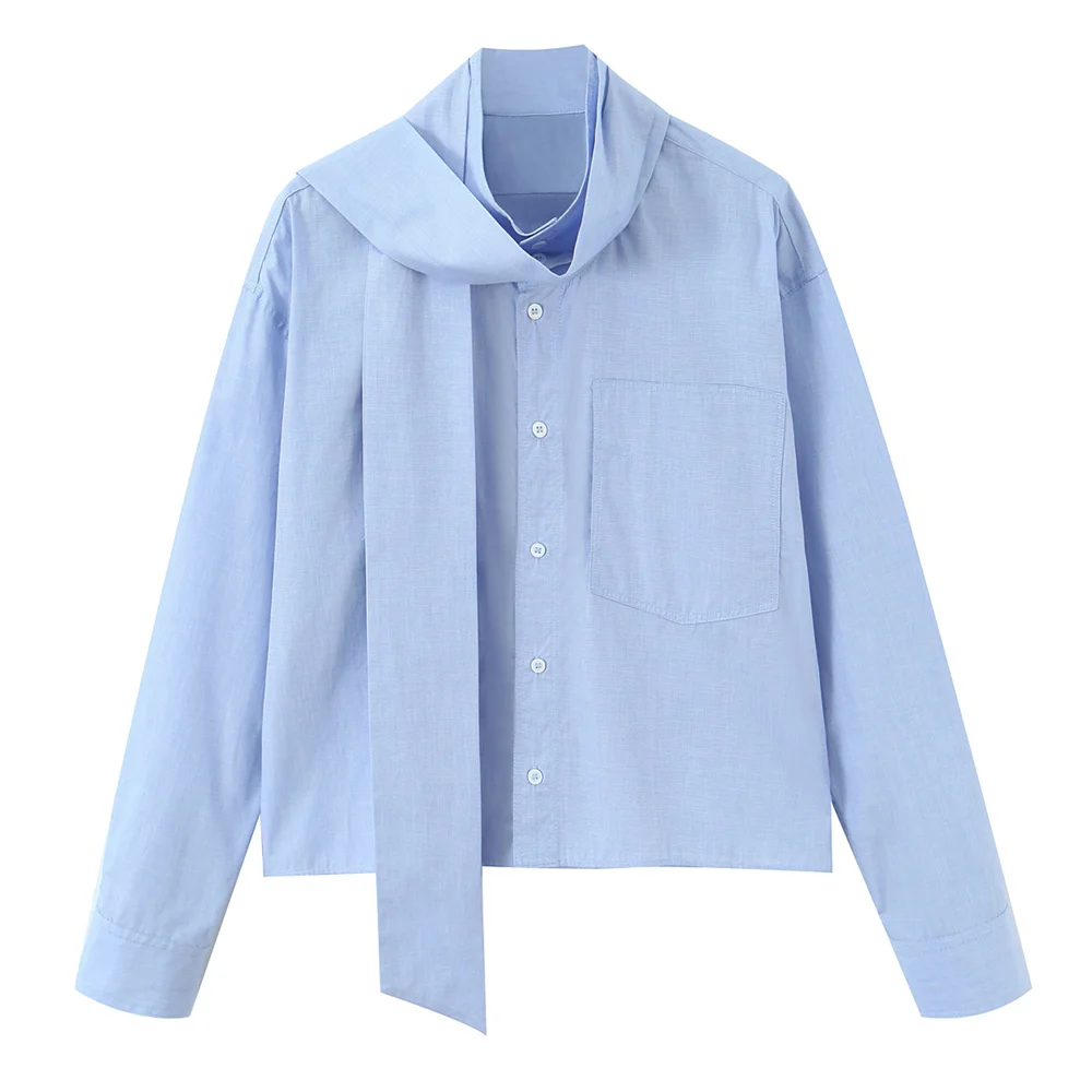

2026 New Women's Fashion Style Versatile Long Sleeve High Collar Button Bow Decoration Shirt